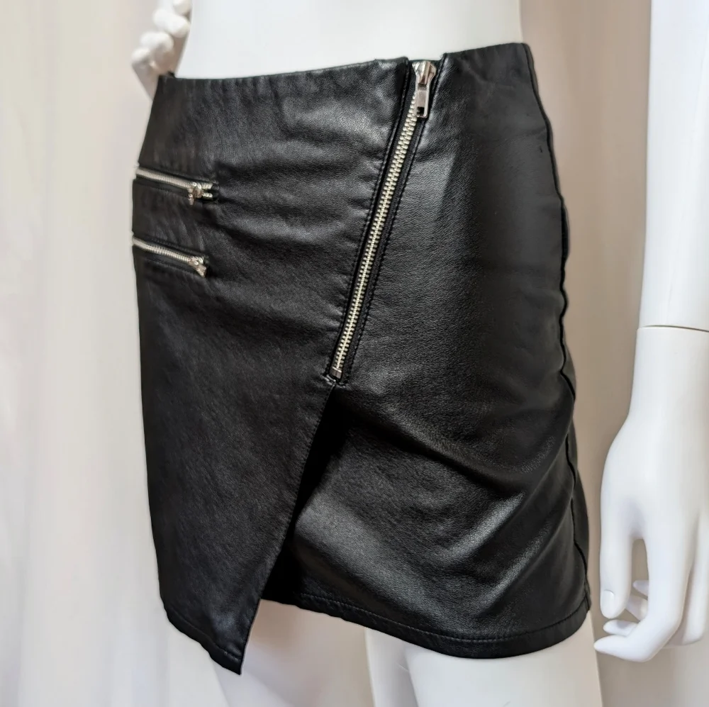 Black Faux Leather Asymmetrical Hem Mini Skirt With Zipper Details